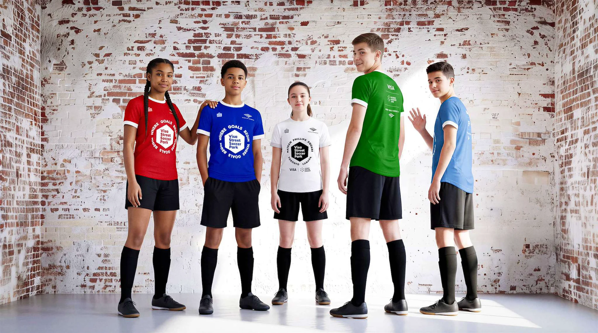 Street Soccer USA players modeling the red, blue, white, green, and light blue kit range